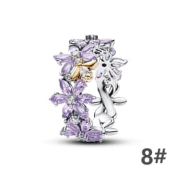 S925 Silver Plated Butterfly Flower Bee Tulip Ring Purple Bracelet Necklace Charms Enamel Inlaid Gem Beads Gift Fashion Jewelry