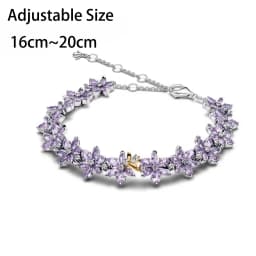 S925 Silver Plated Butterfly Flower Bee Tulip Ring Purple Bracelet Necklace Charms Enamel Inlaid Gem Beads Gift Fashion Jewelry