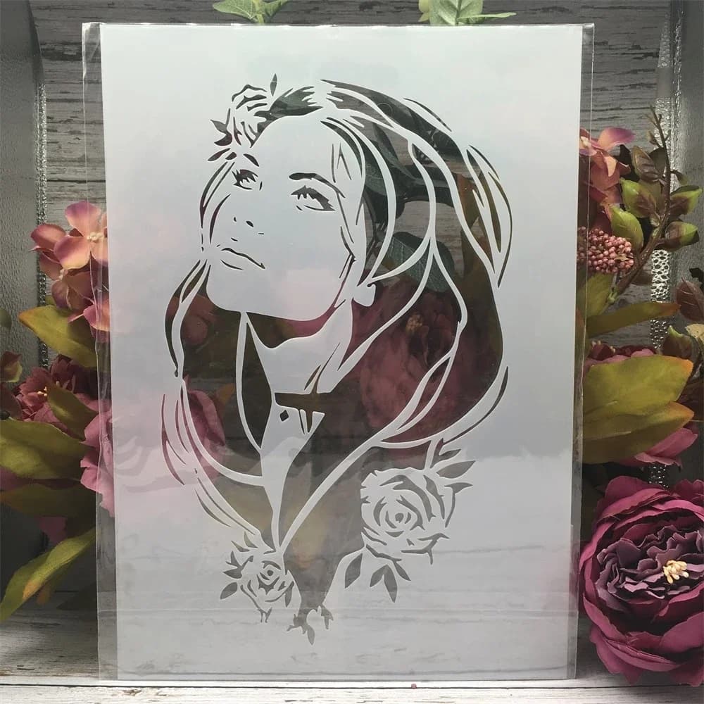 A4 29cm Rose Beautiful Long Hair Girl DIY Layering Stencils Wall Painting Scrapbook Coloring Embossing Album Decorative Template