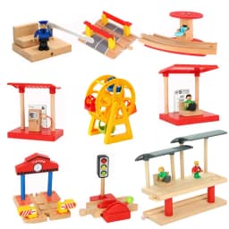 Wooden Train Tracks Scene Accessories Wooden Double Platform Gas Station Airplane Airport Educational DIY Toys For Children