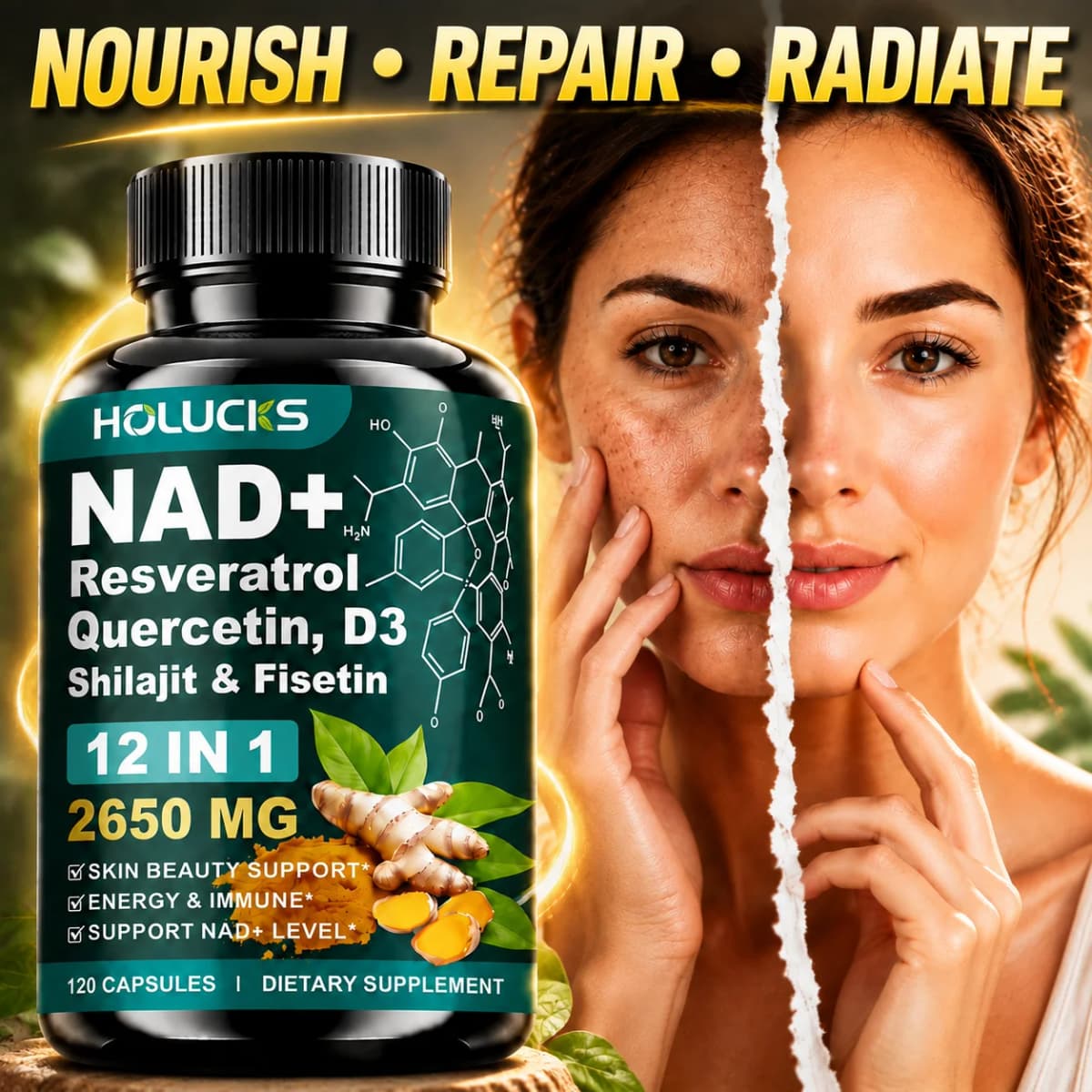 NAD+ Supplement Capsules, with Resveratrol, Anti-Aging, Promotes Cell Repair, Support Energy Vitality Immune,for Skin Health