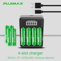 PUJIMAX Rechargeable Li-ion Battery 1.5V AA 4255mWh AAA 1100mWh+Charger for Clock Radio Video Game Digital Camera AA AAA Battery