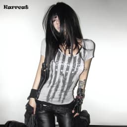 Karrcat Trashy Y2k Striped Letter Print T-shirt Grunge Aesthetics Short Sleeve Tee Shirt Vintage Punk Streetwear American Retro
