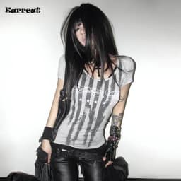 Karrcat Trashy Y2k Striped Letter Print T-shirt Grunge Aesthetics Short Sleeve Tee Shirt Vintage Punk Streetwear American Retro