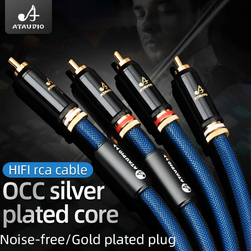 A Pair Hifi RCA Audio Cable OCC Silver Plated RCA Interconnect Cable with Self Locking Gold Plated RCA Plug