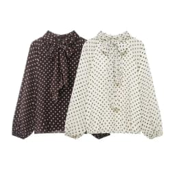 2026 Elegant Women Polka Dot Blouse, Spring Bow Tie Lantern Sleeve Layered Neck Chiffon Shirt, Casual Daily Office Top