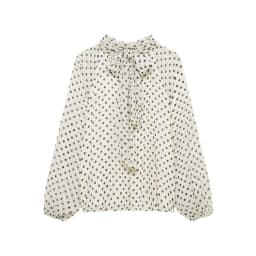 2026 Elegant Women Polka Dot Blouse, Spring Bow Tie Lantern Sleeve Layered Neck Chiffon Shirt, Casual Daily Office Top