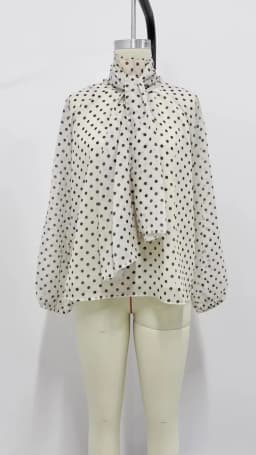 2026 Elegant Women Polka Dot Blouse, Spring Bow Tie Lantern Sleeve Layered Neck Chiffon Shirt, Casual Daily Office Top