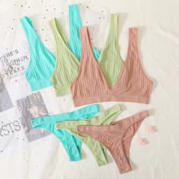 Women Seamless Bra And Panties Set Sexy Ribbed Bra Top Low Waist Thongs Wire-free Brassiere No Pads Comfort Intimates M-XL