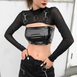Summer Sexy Mesh See Through T-Shirts Black O-Neck Long Sleeve Turtleneck Sheer Transparent Short Crop Tops Sexy Club Party Top