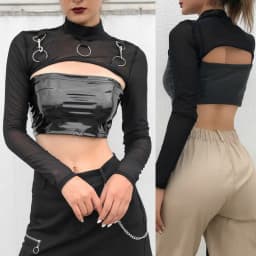 Summer Sexy Mesh See Through T-Shirts Black O-Neck Long Sleeve Turtleneck Sheer Transparent Short Crop Tops Sexy Club Party Top