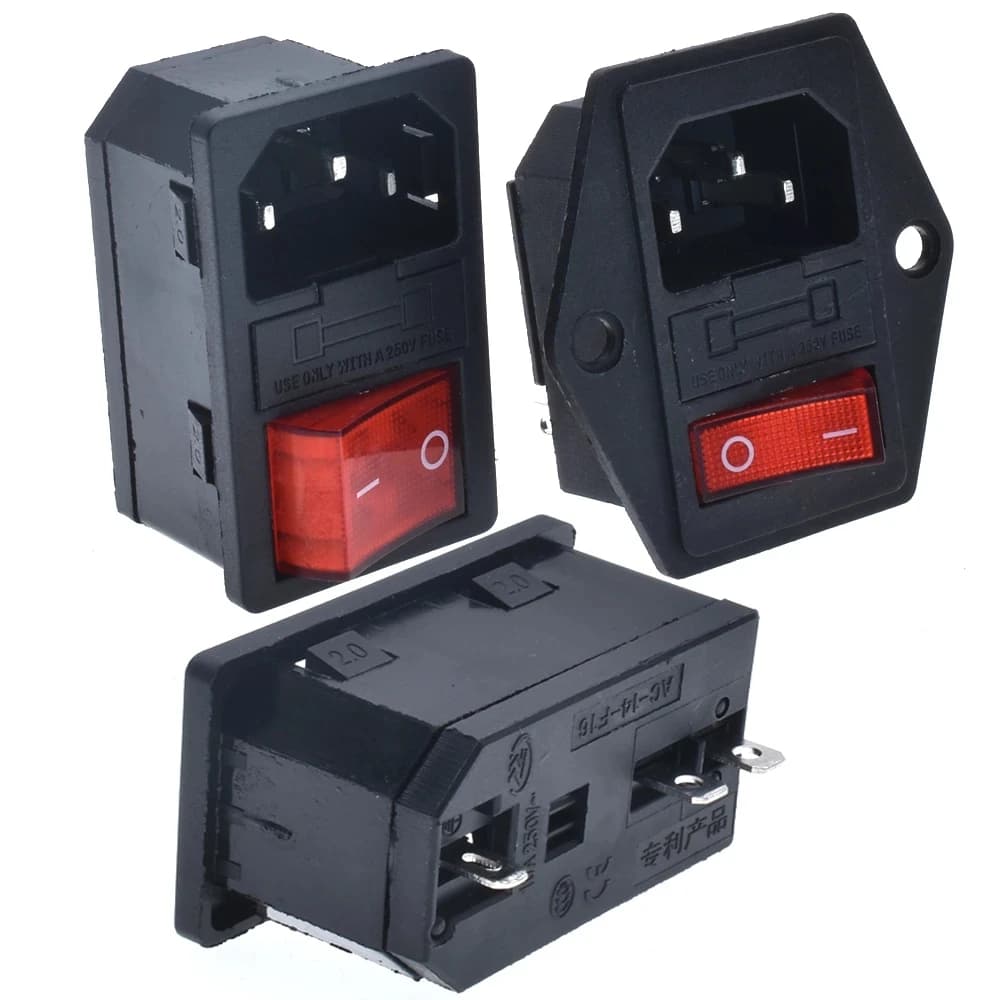 New Integral Red Light 10A250VAC Rocker Switch Power Rocker Fused IEC 320 C14 Inlet Socket 3pin Connector Plug With Fixing Holes