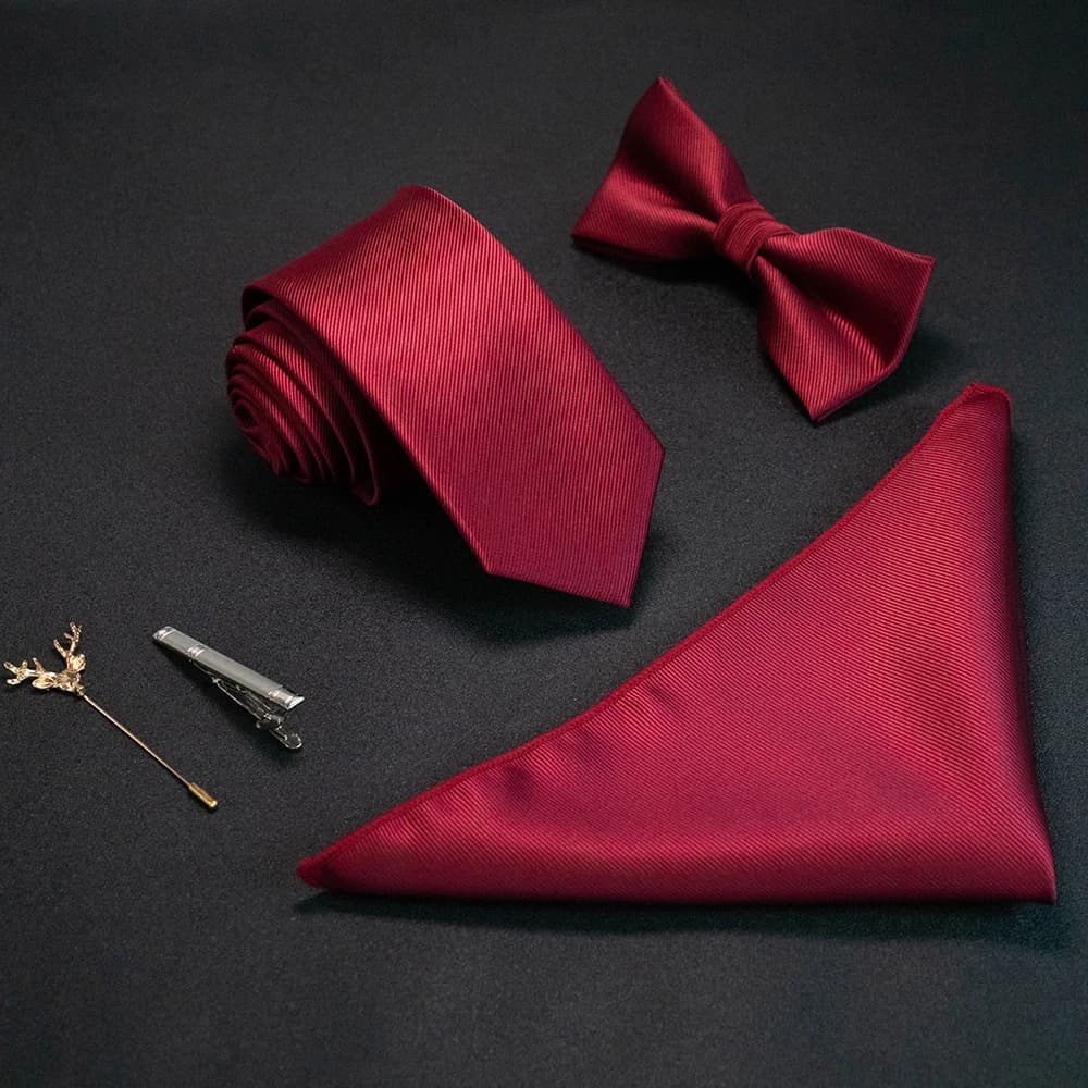 JEMYGINS New Solid Color 6cm Silk Men Tie Set Jacquard Woven Necktie Bowtie Handkerchief Pin Suit Red Green For Business Wedding
