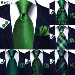 Hi-Tie Designer Green Solid Striped Paisley Wedding Tie For Men Necktie Hanky Cufflink Fashion Business Party Dropshipping