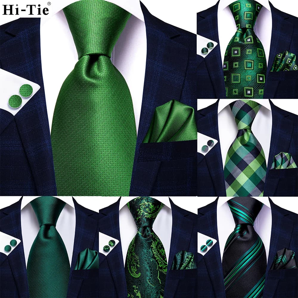 Hi-Tie Designer Green Solid Striped Paisley Wedding Tie For Men Necktie Hanky Cufflink Fashion Business Party Dropshipping