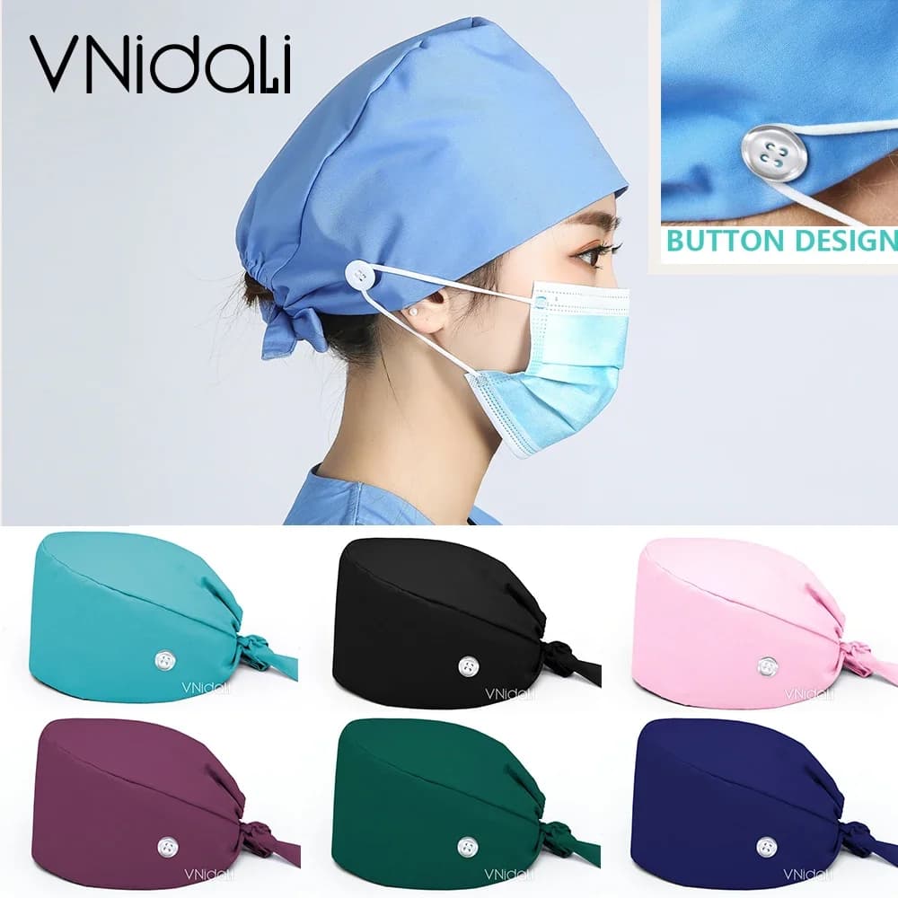 Solid color scrub cap with button pet grooming working Caps surgical cap Lab work hat womens Scrub hats nurse accessories