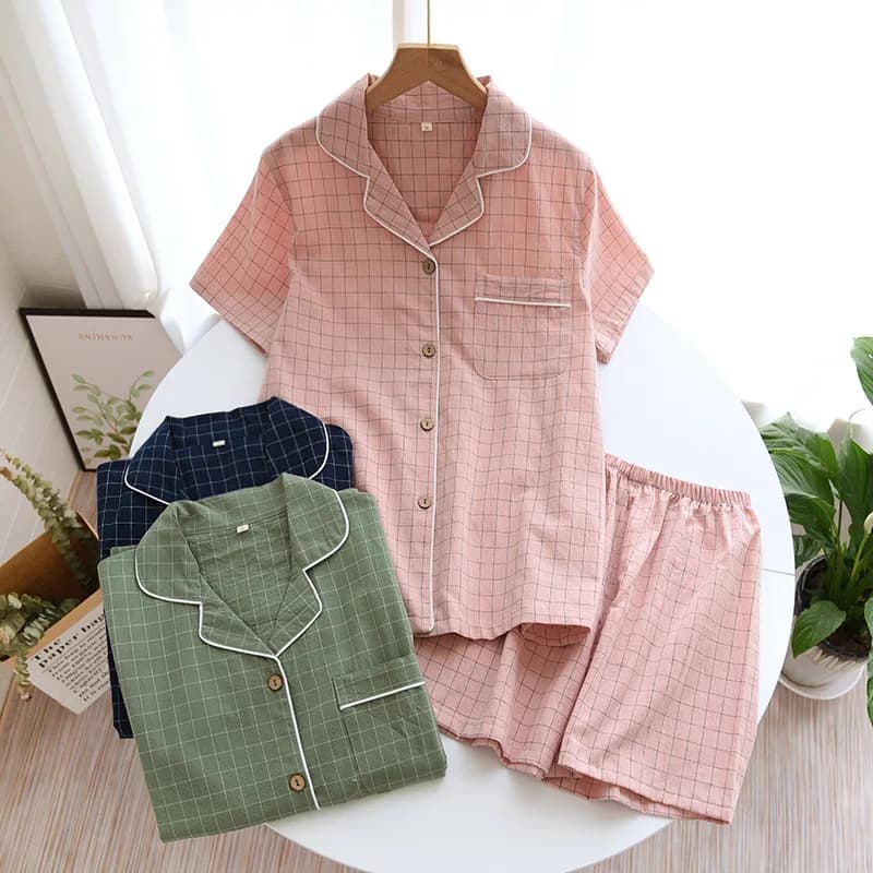 Summer New Couple Pajamas Two-piece Men's Plaid Short-sleeved Shorts 100% Cotton Gauze Ladies Simple Home Service Set Sleepwear