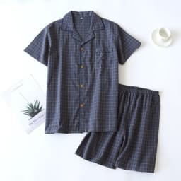 Summer New Couple Pajamas Two-piece Men's Plaid Short-sleeved Shorts 100% Cotton Gauze Ladies Simple Home Service Set Sleepwear