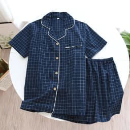 Summer New Couple Pajamas Two-piece Men's Plaid Short-sleeved Shorts 100% Cotton Gauze Ladies Simple Home Service Set Sleepwear