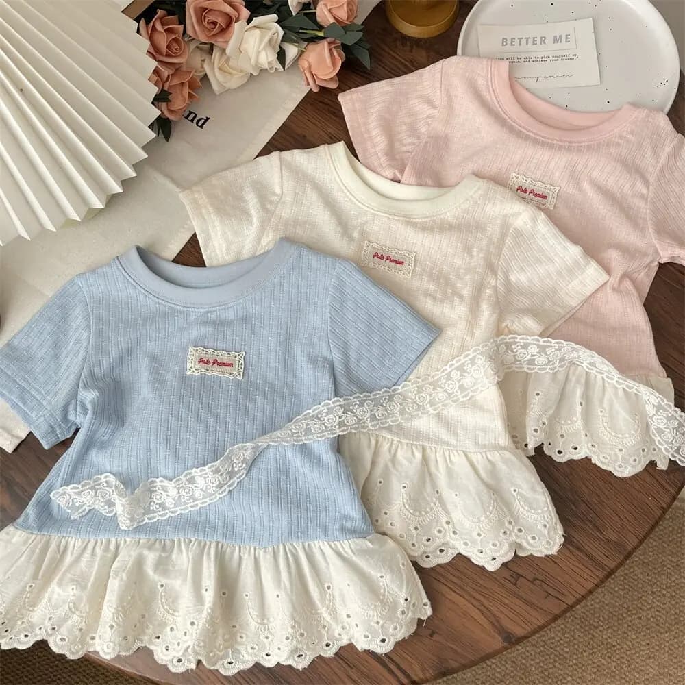 UNITIM Summer Kids Girls Tees Cotton Thin Lace Hem Infant Babys Girls Undershirts Loose Round Collar Children Girl Short Sleeves