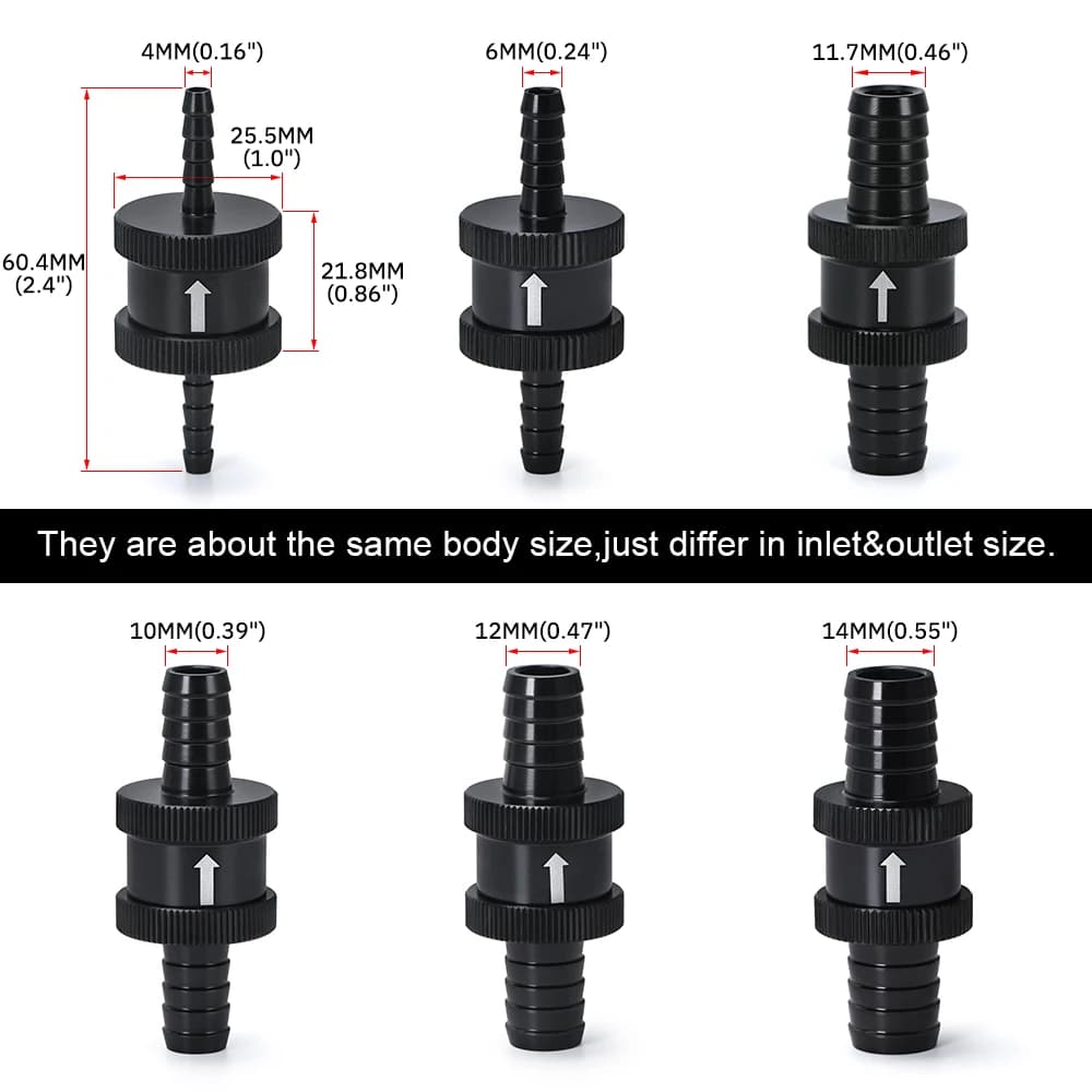 6 Size 4MM / 6MM / 8MM / 10MM / 12MM / 16MM Non Return One Way Fuel Check Valve Aluminum Alloy Petrol Diesel