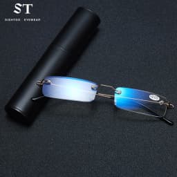 Sighttoo Anti-Blue Light Rimless Reading Glasses New Readers Ultralight Coating Frameless Glasses Reading With Pen Tube Case Men