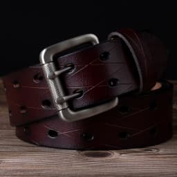Men's Leather Double Needle Buckle Classic Tow Row Hole Jeans Belt Cowboy