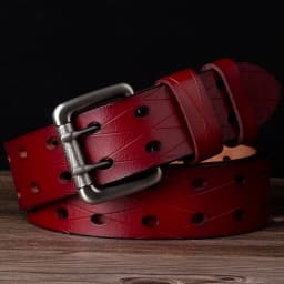 Men's Leather Double Needle Buckle Classic Tow Row Hole Jeans Belt Cowboy