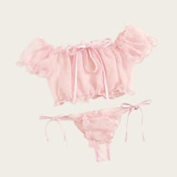 Women's Lingerie Sexy Mesh Bra Set Off Shoulder Ruffle Underwear Set Cute Dot Transparent Bras Thong Bandage Lenceria Intimates