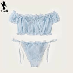 Women's Lingerie Sexy Mesh Bra Set Off Shoulder Ruffle Underwear Set Cute Dot Transparent Bras Thong Bandage Lenceria Intimates