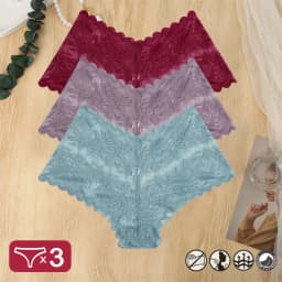 3PCS Women Sexy Lace Panties Floral Perspective Uderwear Solid Color Intimates Boyshort Female V-Waist Breathablle Soft Lingerie
