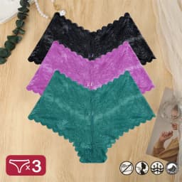 3PCS Women Sexy Lace Panties Floral Perspective Uderwear Solid Color Intimates Boyshort Female V-Waist Breathablle Soft Lingerie