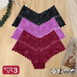 3PCS Women Sexy Lace Panties Floral Perspective Uderwear Solid Color Intimates Boyshort Female V-Waist Breathablle Soft Lingerie