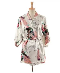 Lace Up Woman Peacock Print Japanese Kimono Yukata Silk Satin Short Style Sleepwear Home Nightgown Bath Robe Costume
