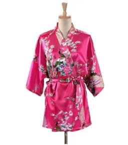 Lace Up Woman Peacock Print Japanese Kimono Yukata Silk Satin Short Style Sleepwear Home Nightgown Bath Robe Costume