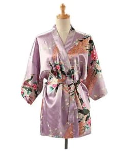 Lace Up Woman Peacock Print Japanese Kimono Yukata Silk Satin Short Style Sleepwear Home Nightgown Bath Robe Costume