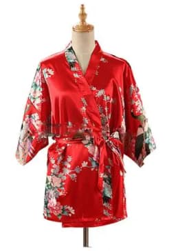 Lace Up Woman Peacock Print Japanese Kimono Yukata Silk Satin Short Style Sleepwear Home Nightgown Bath Robe Costume
