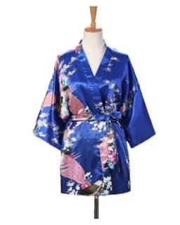 Lace Up Woman Peacock Print Japanese Kimono Yukata Silk Satin Short Style Sleepwear Home Nightgown Bath Robe Costume