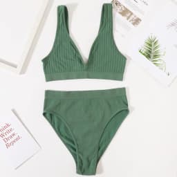 Women Ribbed V-Neck Bra And Panties Set Wireless No-pads Bralette High Waist High Cut Briefs Soft Stretch Sexy Lingerie Set S-L