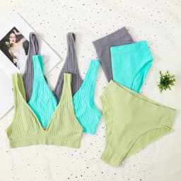 Women Ribbed V-Neck Bra And Panties Set Wireless No-pads Bralette High Waist High Cut Briefs Soft Stretch Sexy Lingerie Set S-L