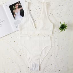 Women Ribbed V-Neck Bra And Panties Set Wireless No-pads Bralette High Waist High Cut Briefs Soft Stretch Sexy Lingerie Set S-L