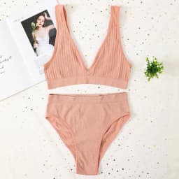 Women Ribbed V-Neck Bra And Panties Set Wireless No-pads Bralette High Waist High Cut Briefs Soft Stretch Sexy Lingerie Set S-L
