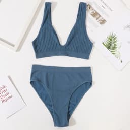 Women Ribbed V-Neck Bra And Panties Set Wireless No-pads Bralette High Waist High Cut Briefs Soft Stretch Sexy Lingerie Set S-L