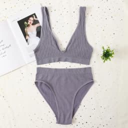 Women Ribbed V-Neck Bra And Panties Set Wireless No-pads Bralette High Waist High Cut Briefs Soft Stretch Sexy Lingerie Set S-L