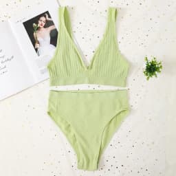 Women Ribbed V-Neck Bra And Panties Set Wireless No-pads Bralette High Waist High Cut Briefs Soft Stretch Sexy Lingerie Set S-L