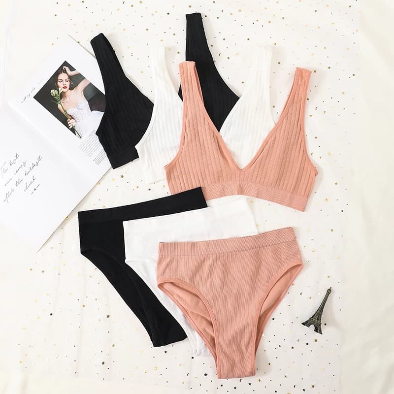 Women Ribbed V-Neck Bra And Panties Set Wireless No-pads Bralette High Waist High Cut Briefs Soft Stretch Sexy Lingerie Set S-L