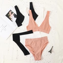 Women Ribbed V-Neck Bra And Panties Set Wireless No-pads Bralette High Waist High Cut Briefs Soft Stretch Sexy Lingerie Set S-L