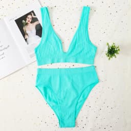 Women Ribbed V-Neck Bra And Panties Set Wireless No-pads Bralette High Waist High Cut Briefs Soft Stretch Sexy Lingerie Set S-L