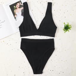 Women Ribbed V-Neck Bra And Panties Set Wireless No-pads Bralette High Waist High Cut Briefs Soft Stretch Sexy Lingerie Set S-L