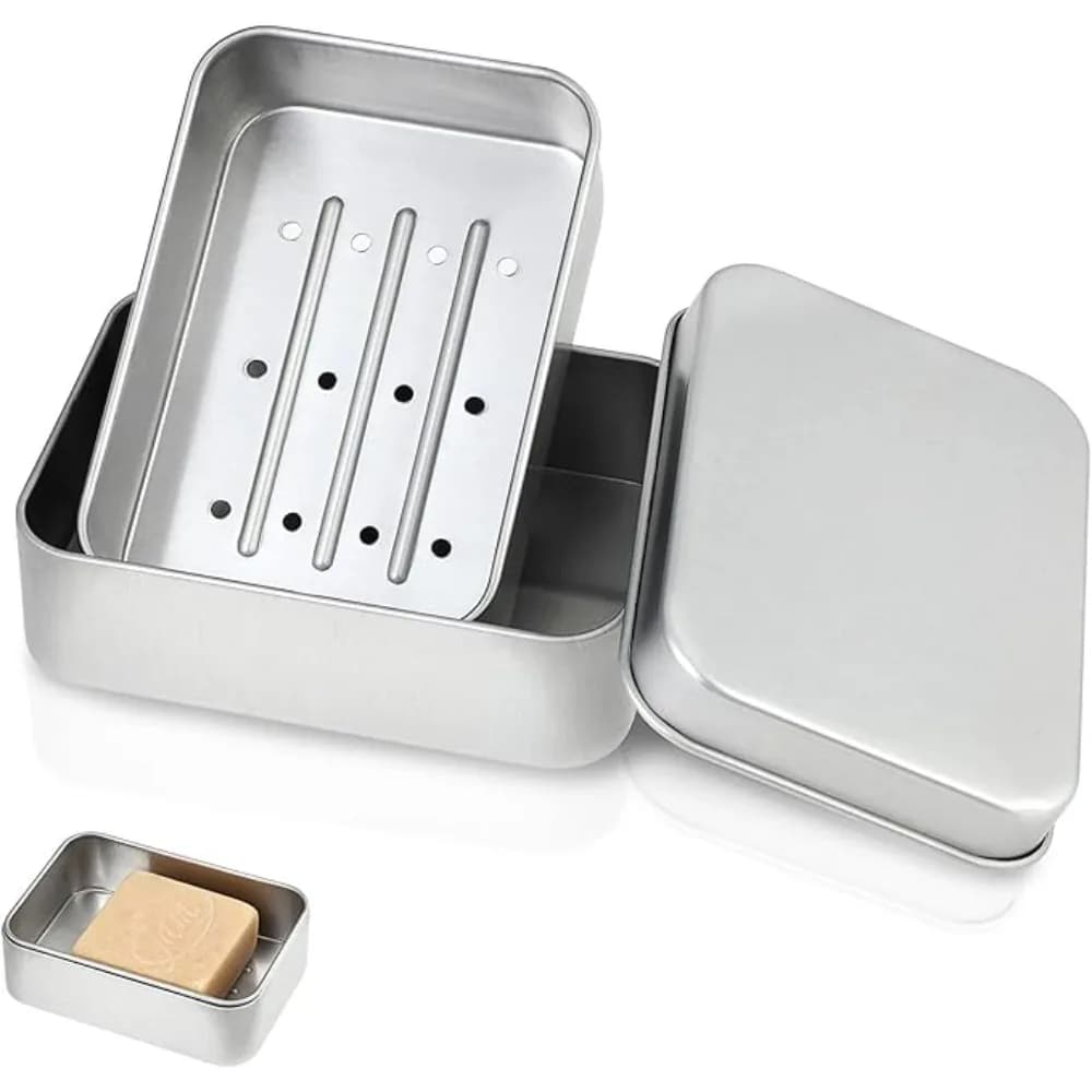 Portable Double Layer Aluminum Soap Dish with Lid Drain Design Soap Box for Travel Hotel Bathroom Outdoor Soap Holder Container